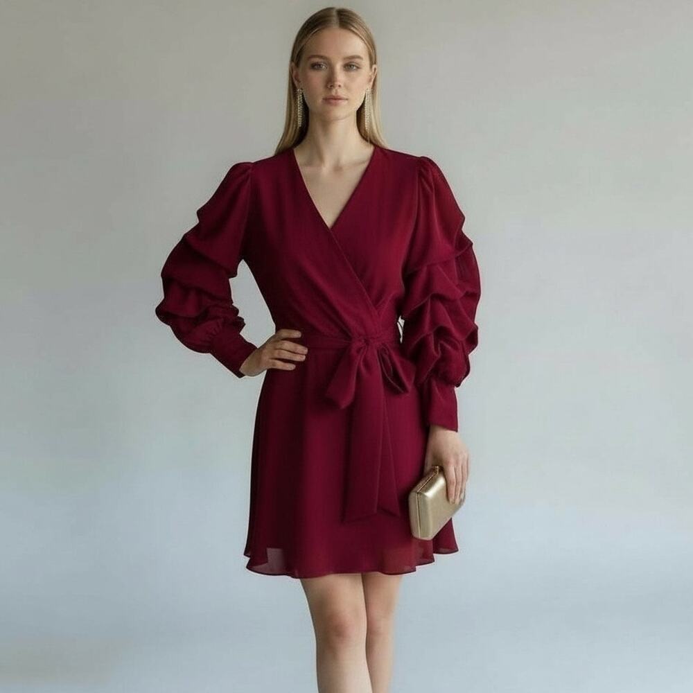 Alice + Olivia 100% Silk Long Sleeve V-neck Belted Mini Dress Burgundy Size 4